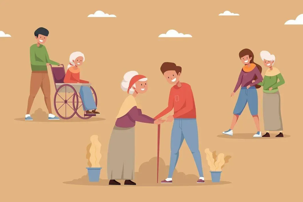 A man is helping an elderly woman with a cane.
