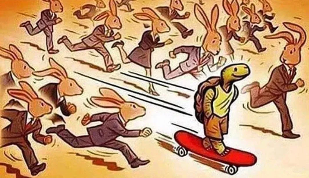 A turtle is riding a skateboard in a crowd of rabbits.