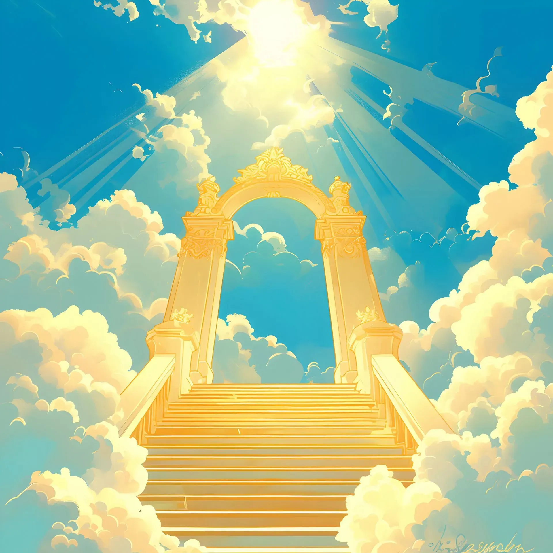 A staircase leading up to heaven with the sun shining through the clouds.