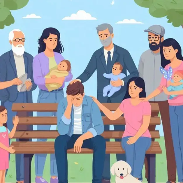 A group of people are standing around a man sitting on a bench.