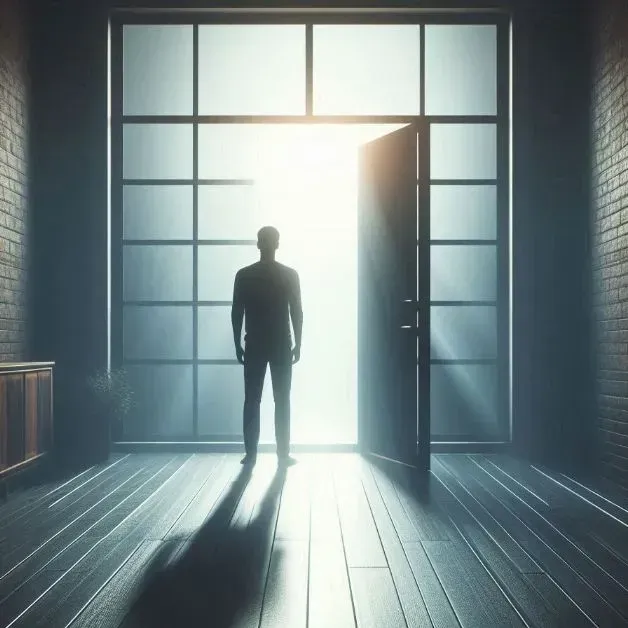 A man is standing in front of an open door in a dark room.
