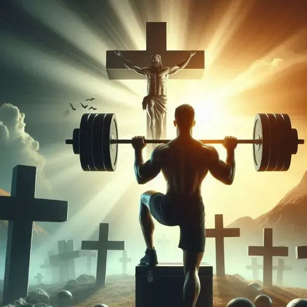 A man squatting with a barbell in front of a cross