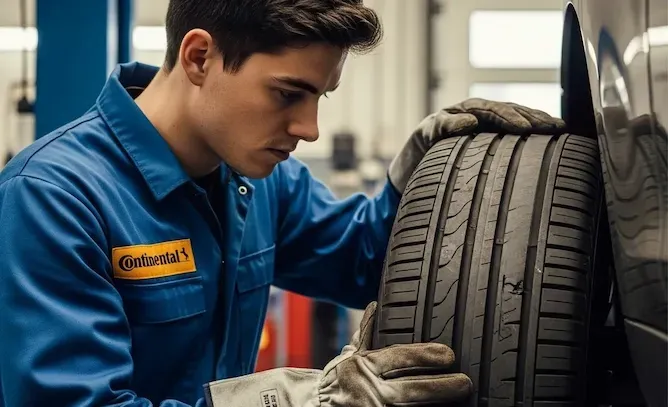 Mecânico inspecionando um pneu de carro em uma oficina, usando luvas e uniforme azul.