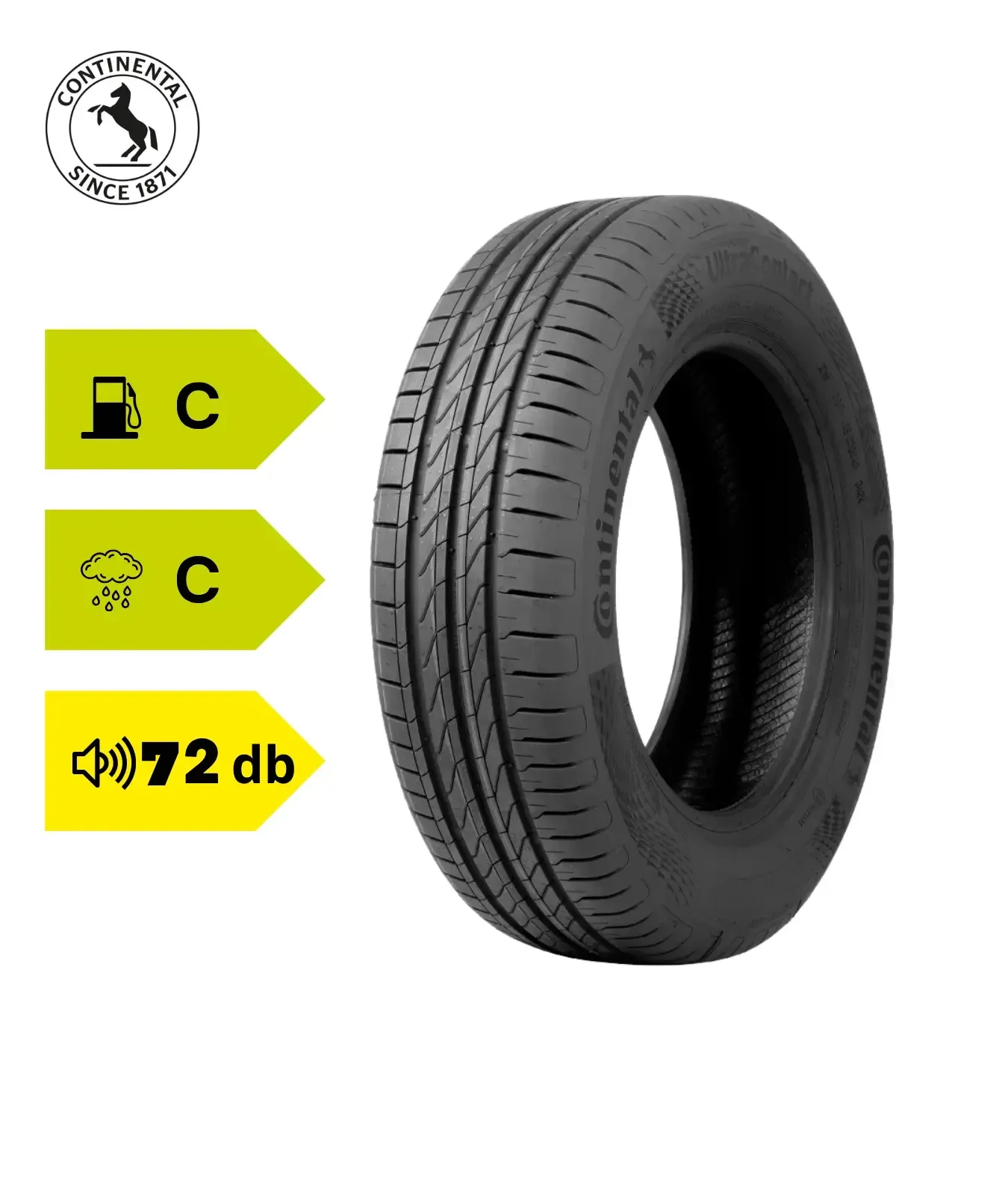 Pneu Continental com classificação de eficiência de combustível C, aderência em piso molhado C e nível de ruído de 72dB.