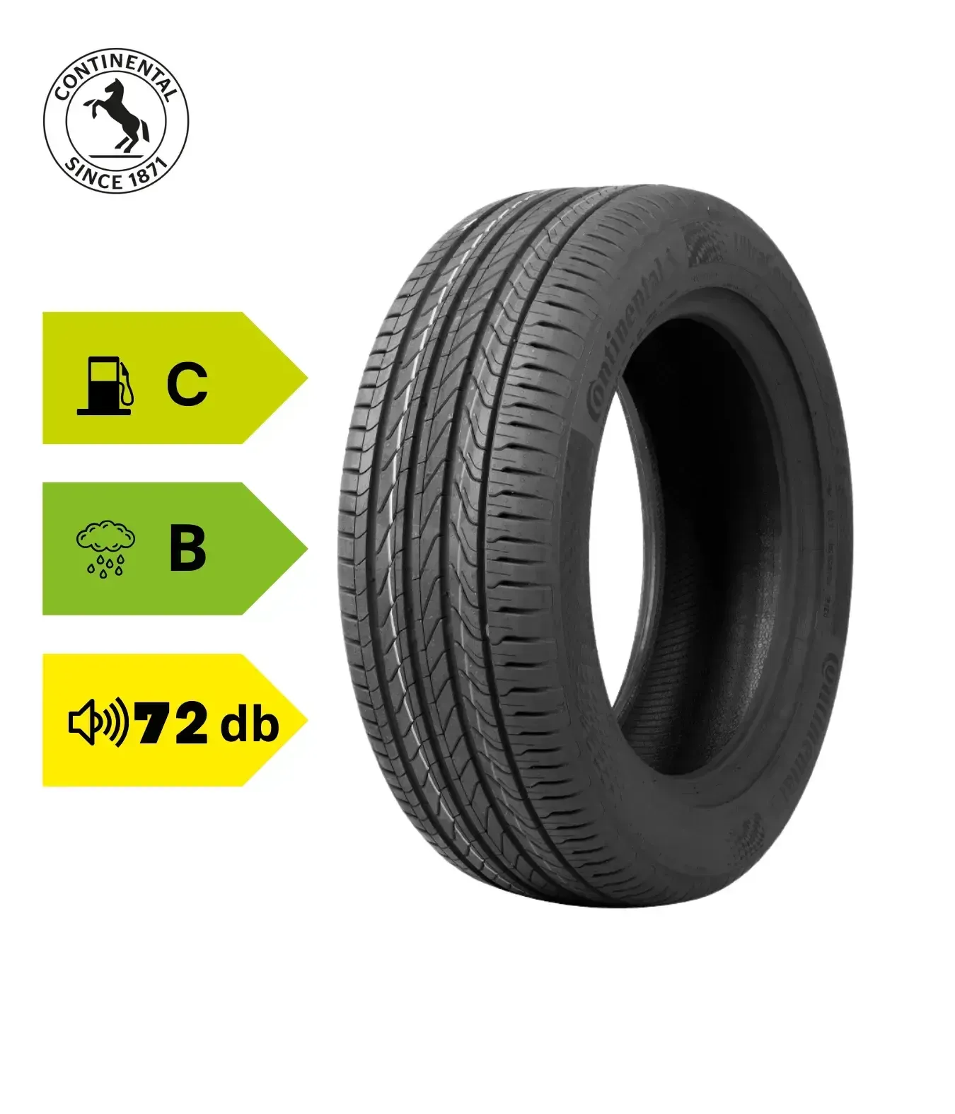 Pneu Continental com classificação C em eficiência de combustível, B em aderência em piso molhado e nível de ruído de 72 dB.