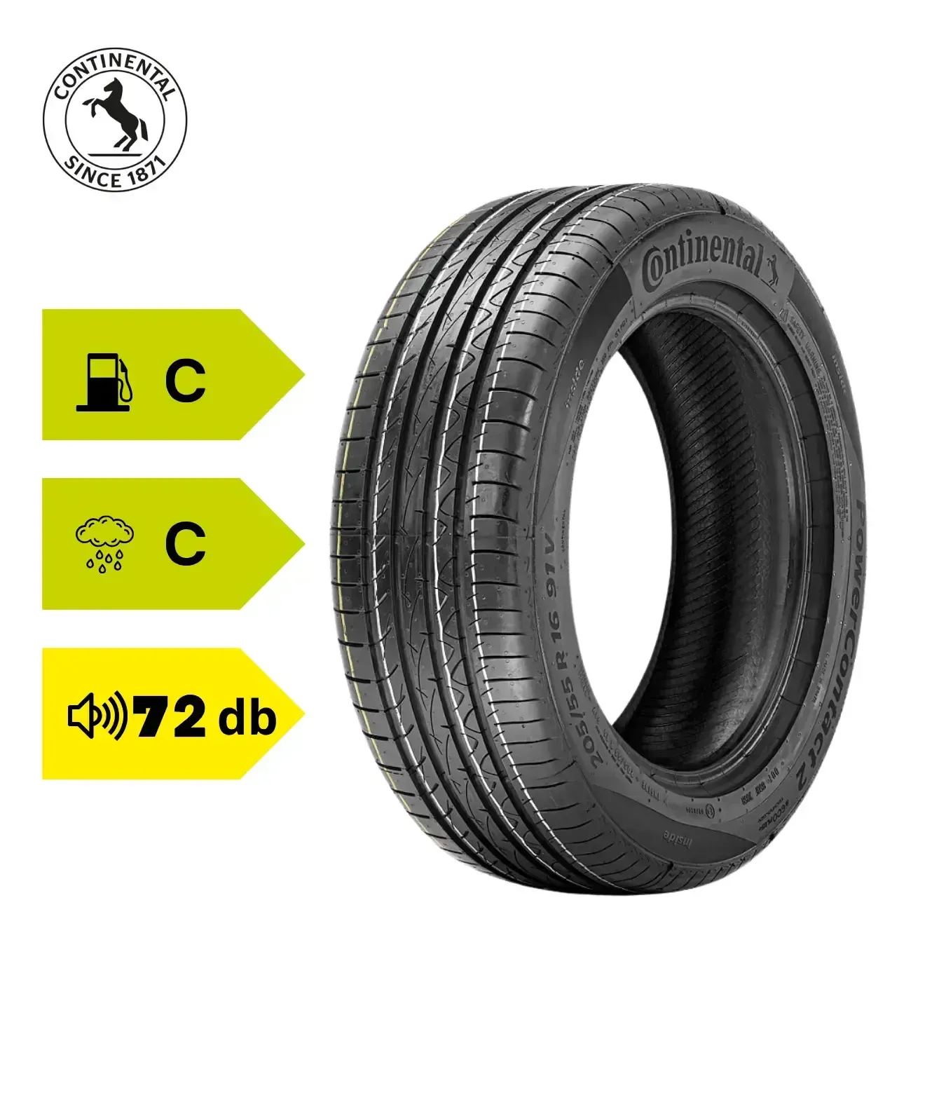 Pneu Continental com eficiência de combustível C, aderência em piso molhado C e nível de ruído de 72 dB.