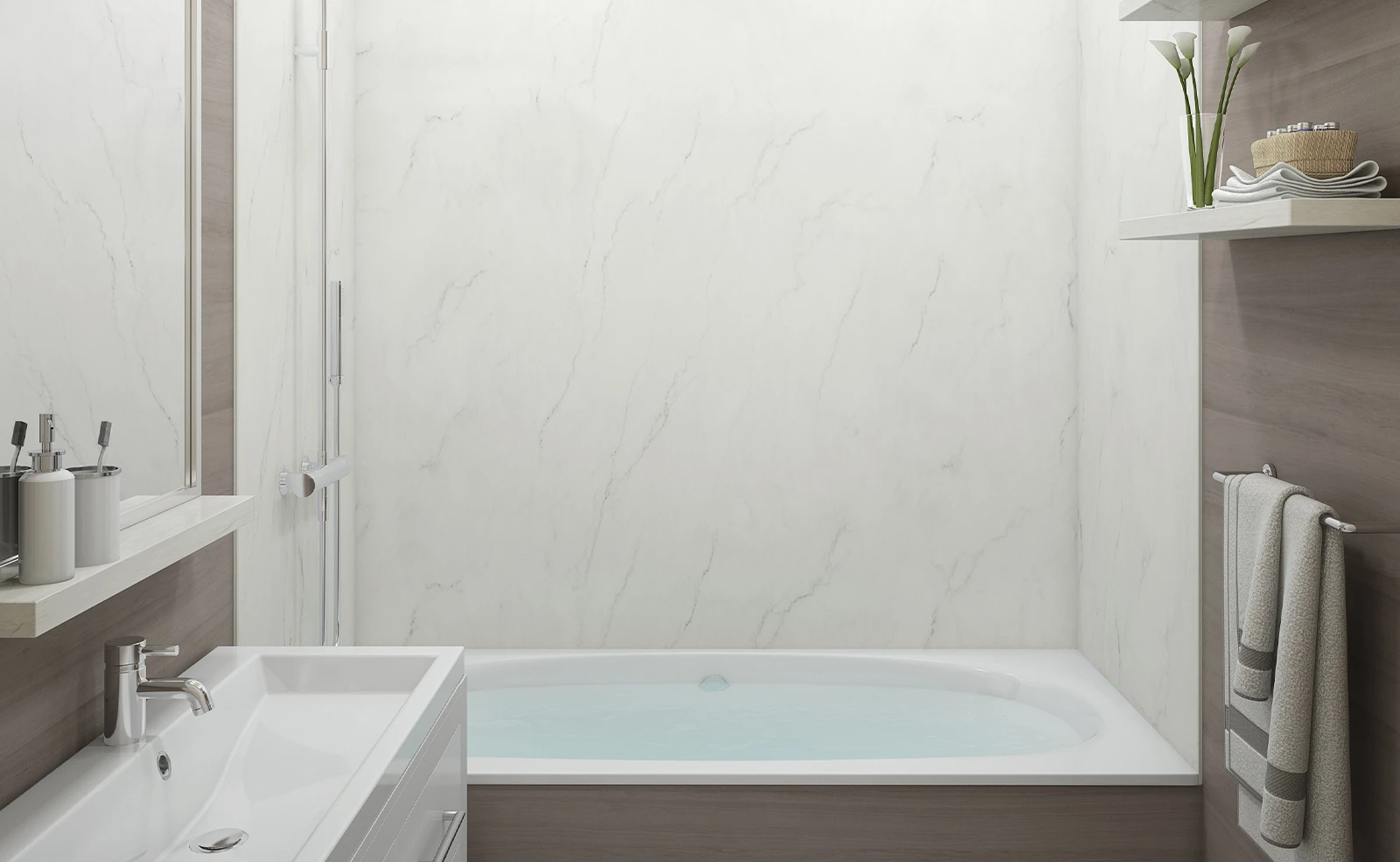 A bathroom with a bathtub , sink and mirror.