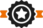 An icon of a star in a circle with two ribbons.