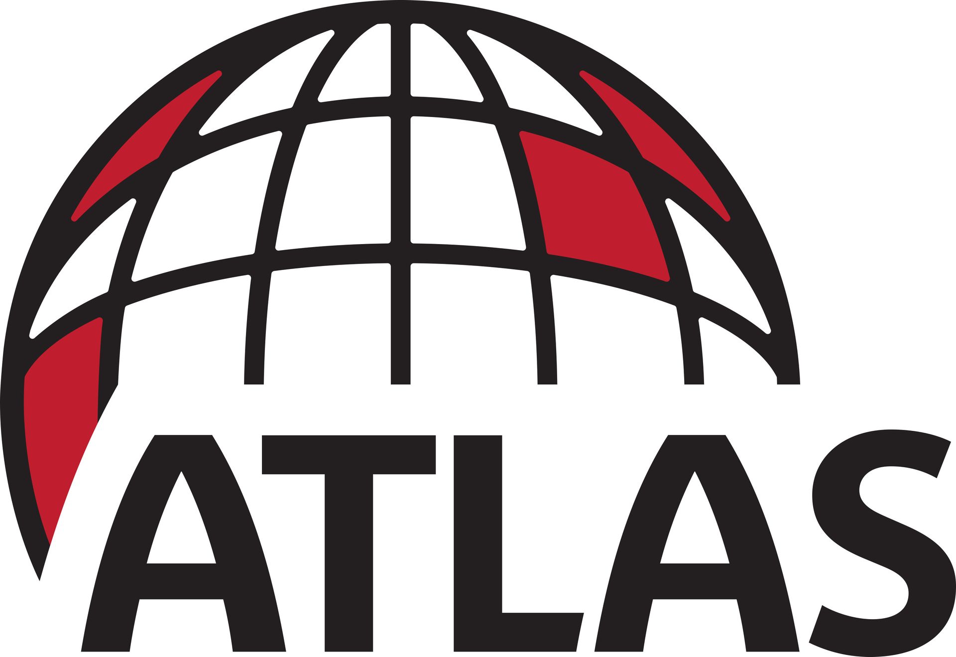 A black and red atlas logo with a globe in the middle