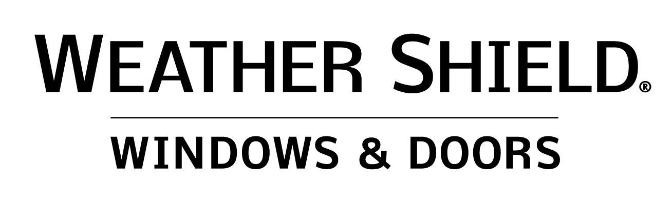 The logo for weather shield windows and doors is black and white.