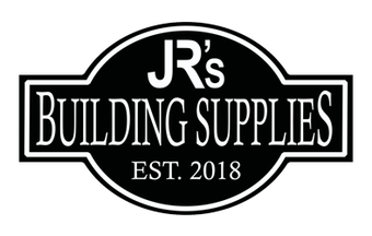 The logo for jr 's building supplies is black and white.