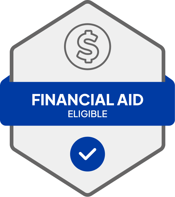 Badge: Financial Aid Eligible, blue banner, building icon, dollar sign.