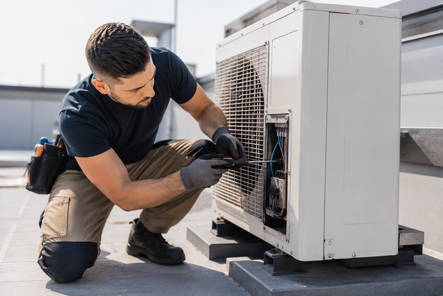 Technician kneeling beside an outdoor HVAC unit, using tools to repair it on a rooftop.