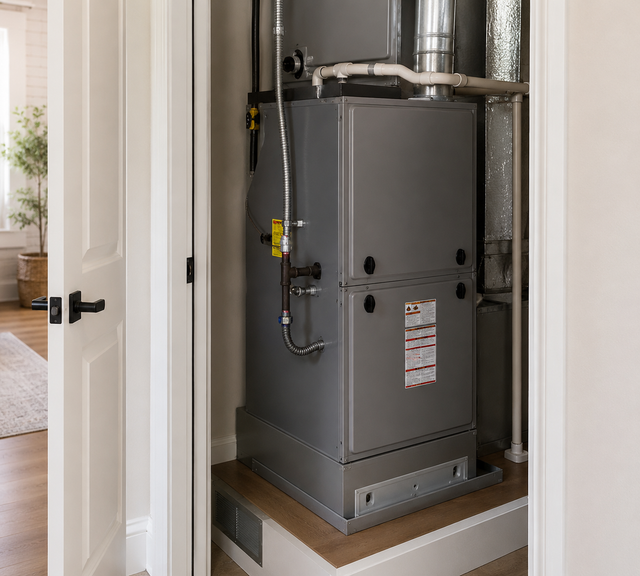 Gray furnace in a hallway closet with exposed ductwork and an open door nearby