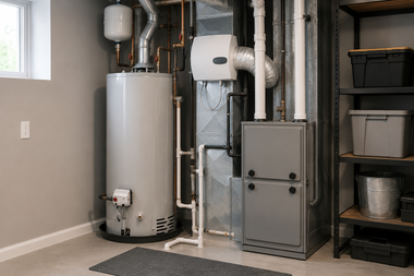 Basement utility room with water heater, furnace, pipes, and storage shelves