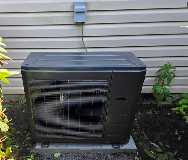 Outdoor HVAC unit on a concrete pad beside a house wall and plants.