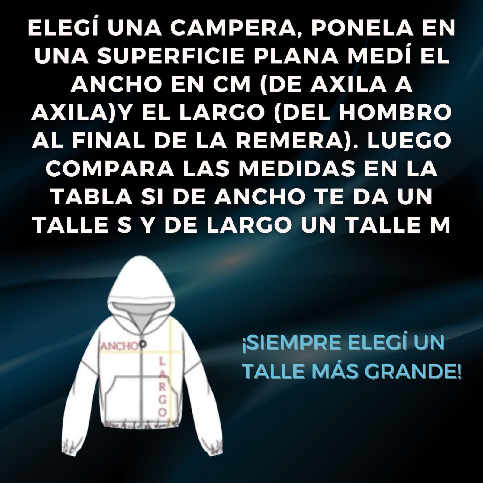 Una foto de una campera con medidas.