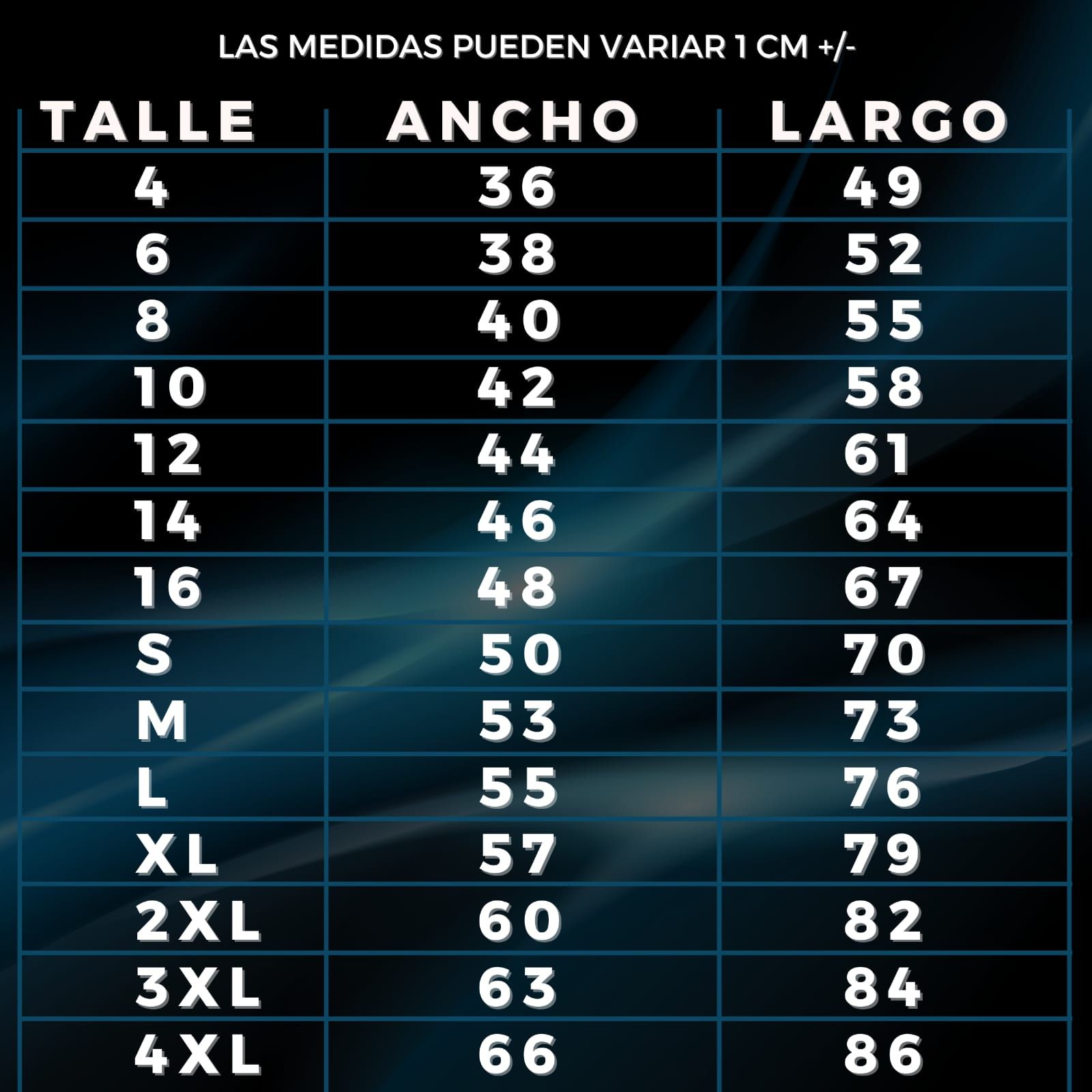 Una tabla que muestra tamaños en pulgadas y centímetros