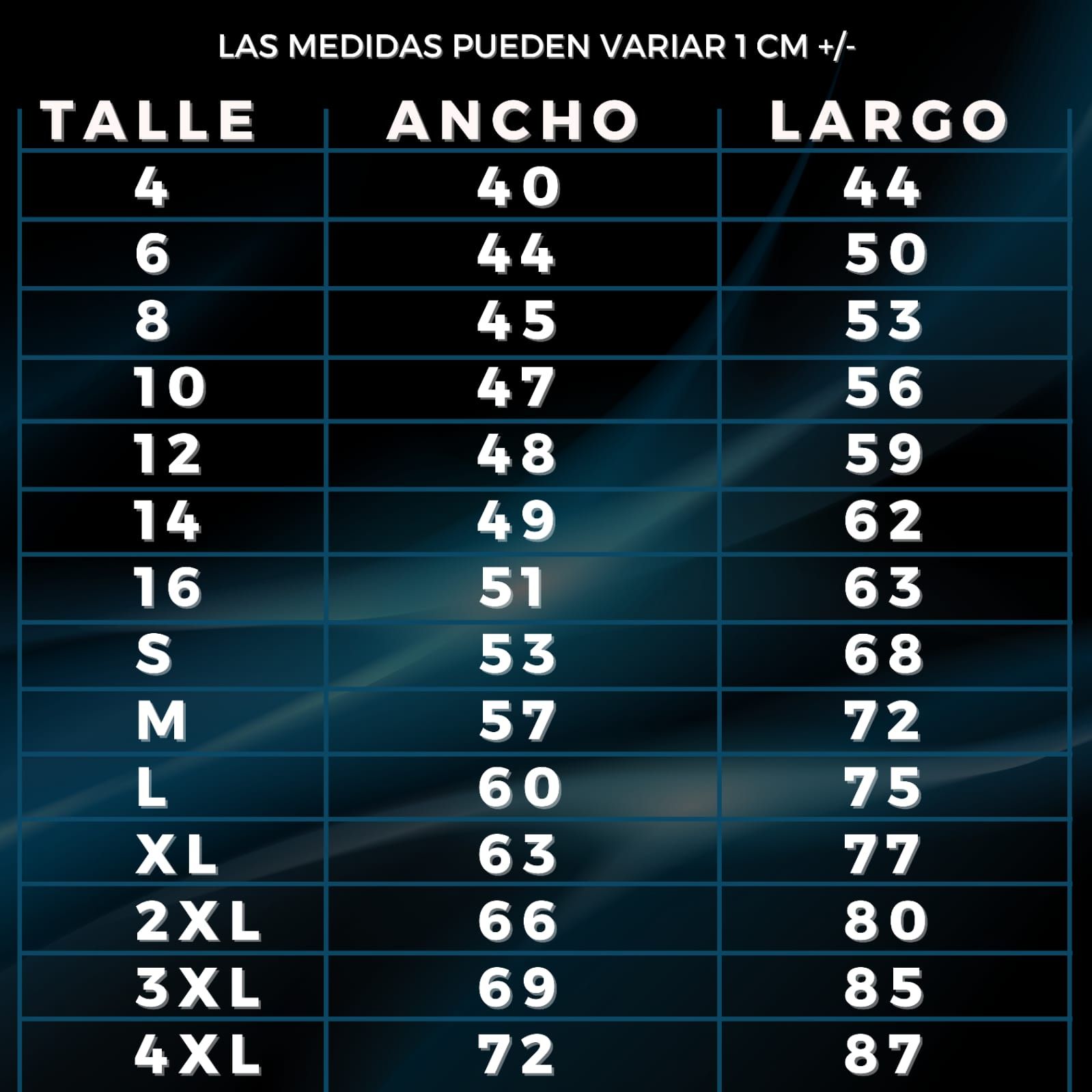 Una tabla de tallas en español muestra tallas de pequeña a grande.