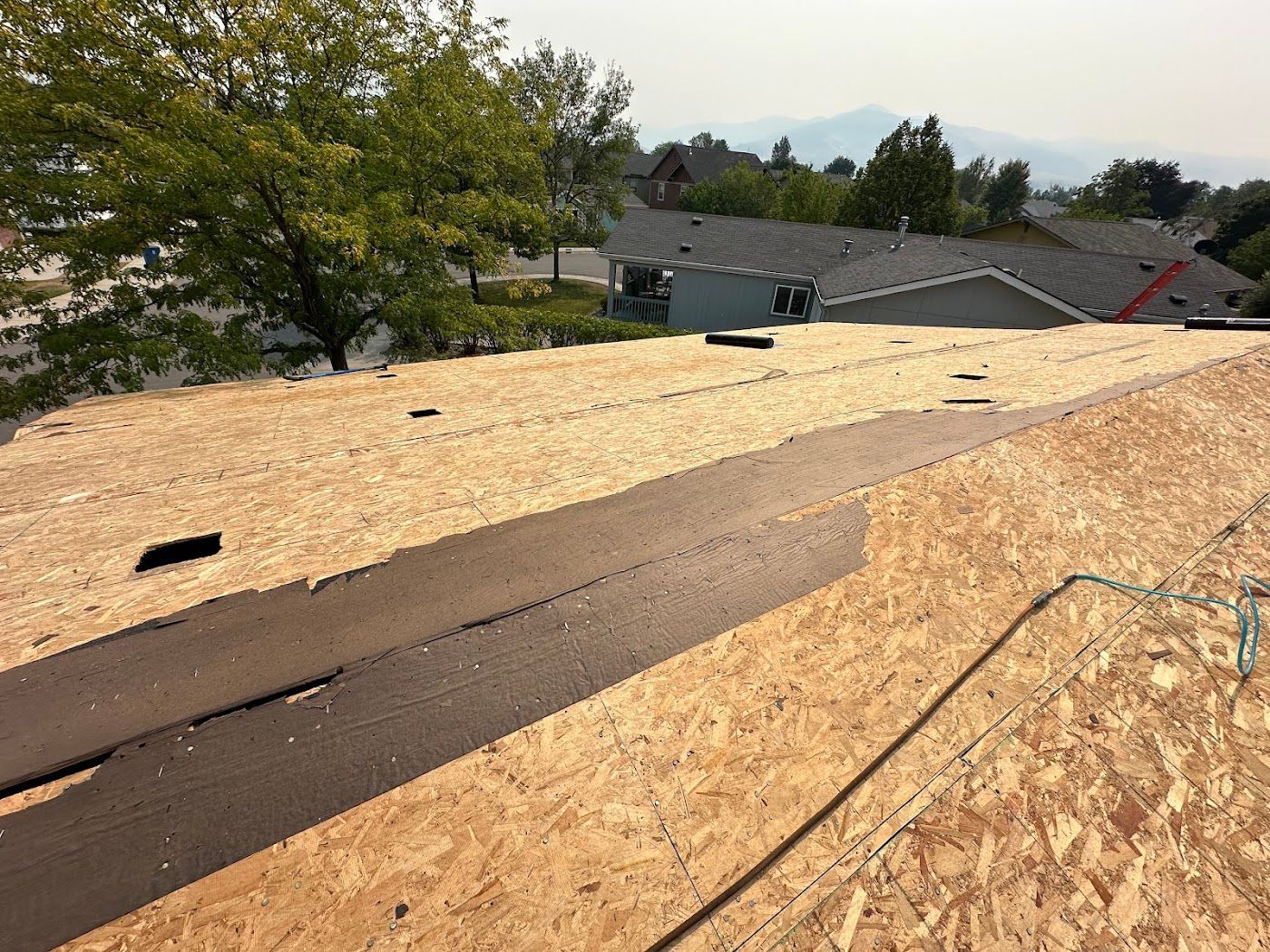 A view from a sloped rooftop under construction with exposed plywood sheathing and a partial layer of black felt paper.