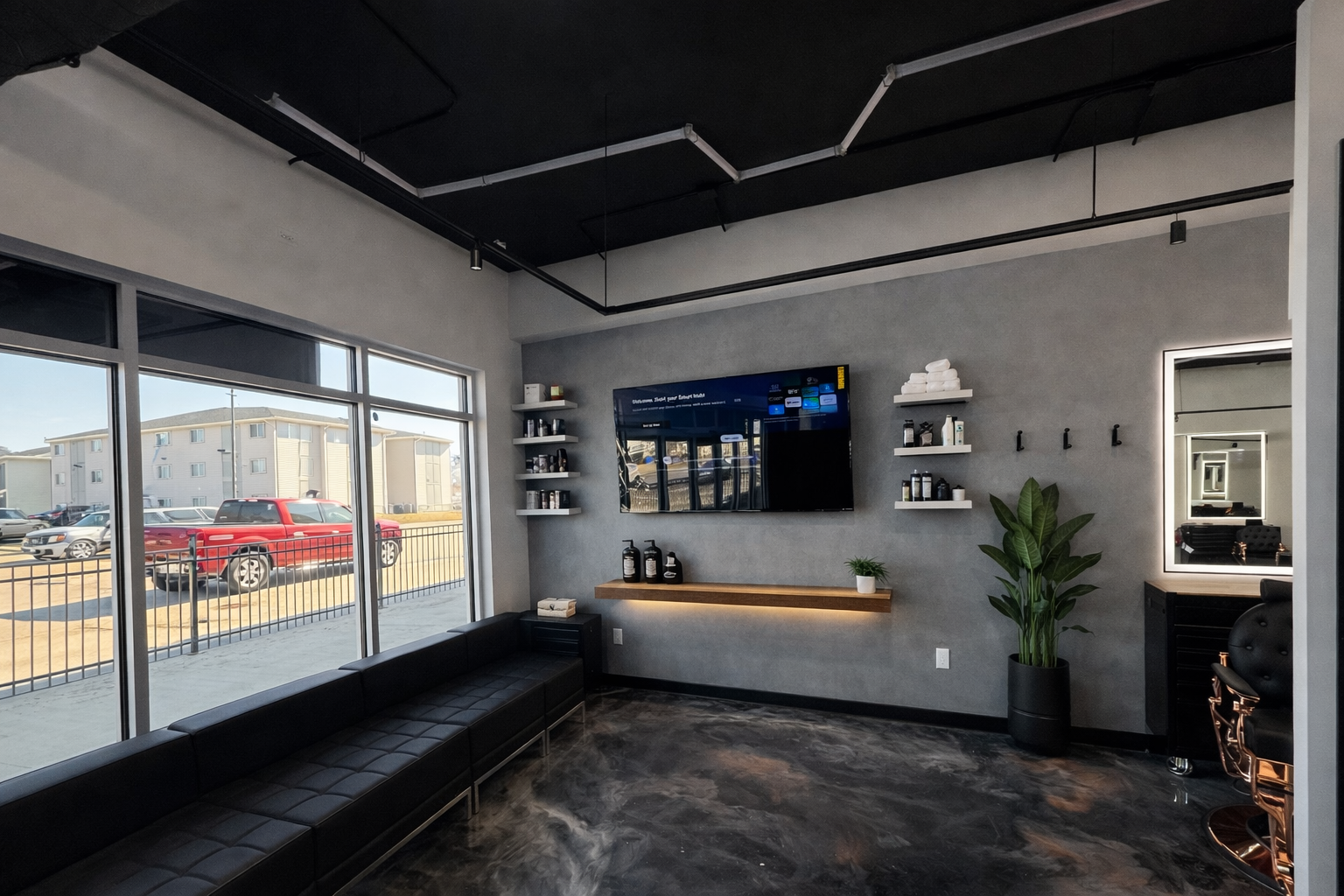 Modern salon waiting area with a black bench, gray walls, a wall-mounted TV, shelves, and a large mirror.
