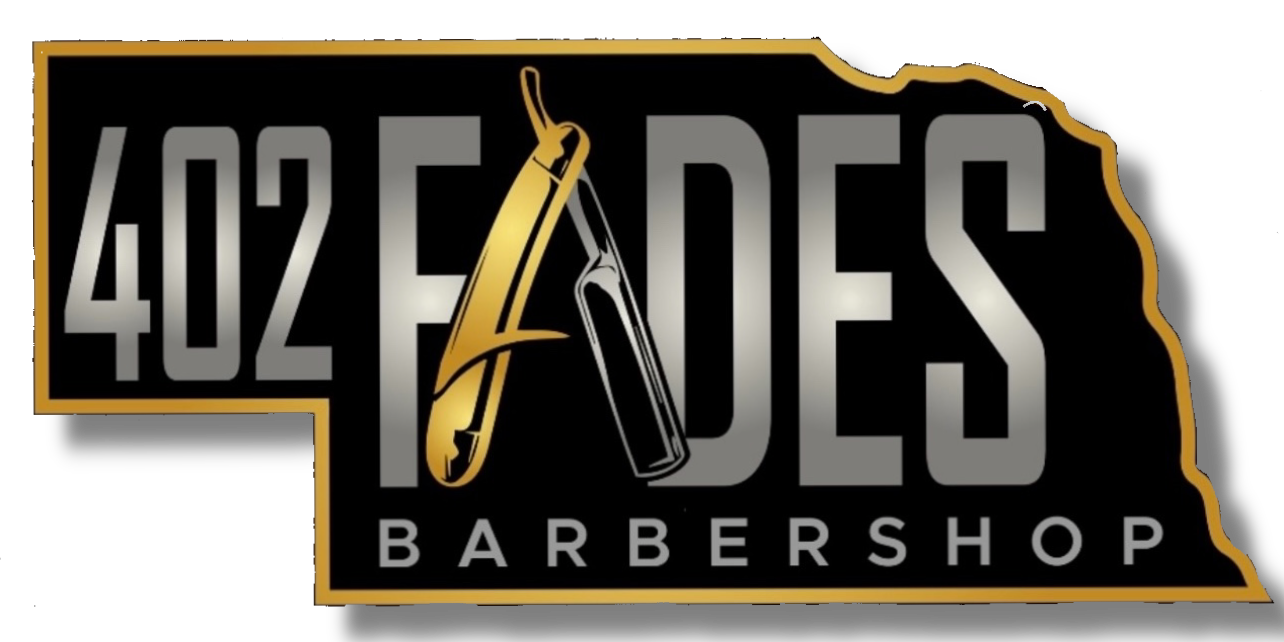 Logo for 402 Fades Barbershop, featuring a straight razor over text on a black Nebraska-shaped background with gold edges.