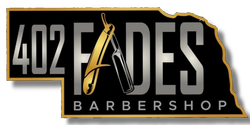 Logo for 402 Fades Barbershop, featuring a straight razor over text on a black Nebraska-shaped background with gold edges.
