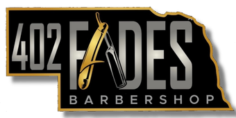 Logo for 402 Fades Barbershop, featuring a straight razor over text on a black Nebraska-shaped background with gold edges.