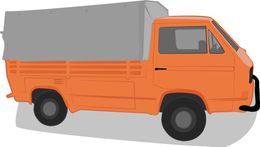 An orange truck with a gray tarp on the back is on a white background.