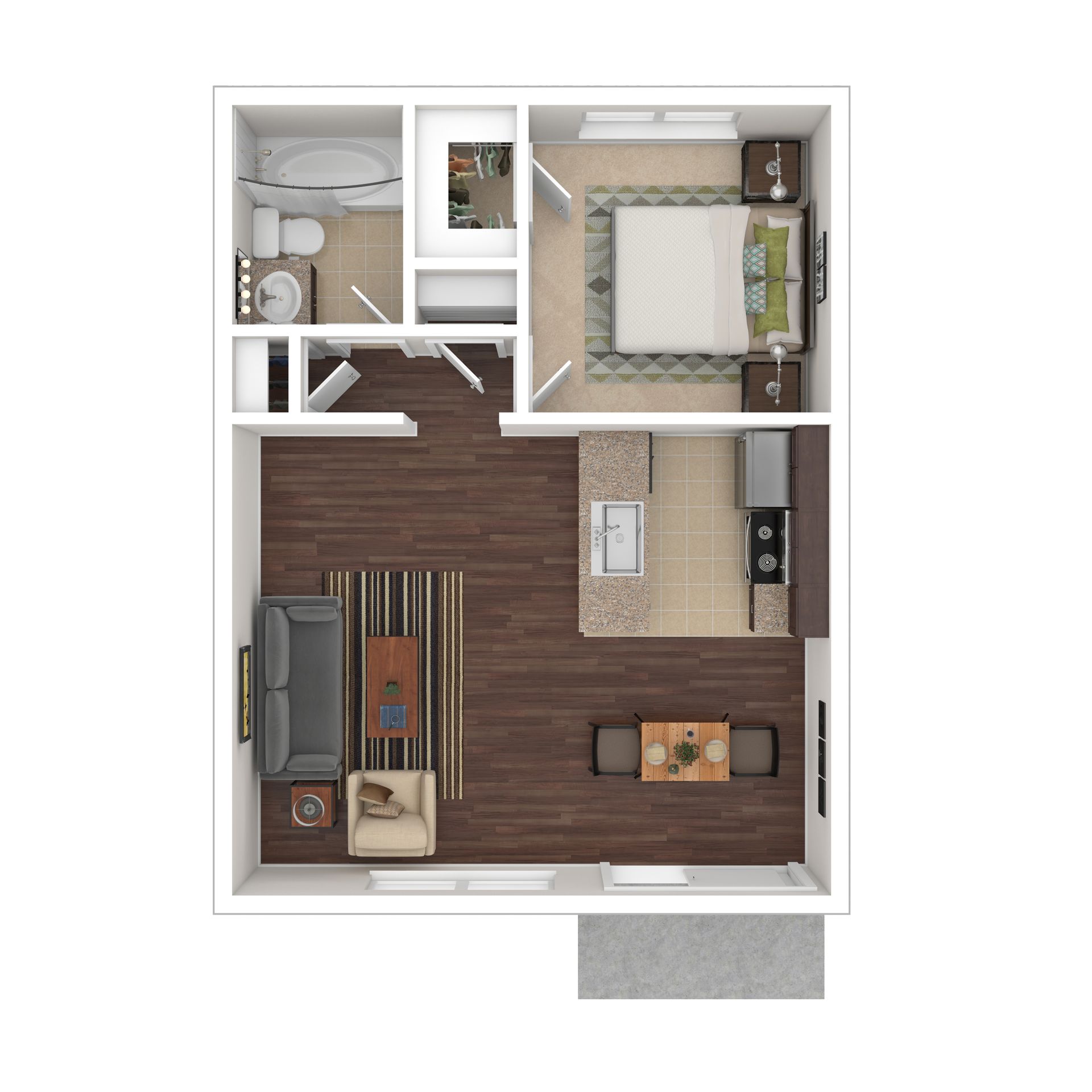 Floor plan of a small apartment with a bedroom, bathroom, kitchen, and living area.