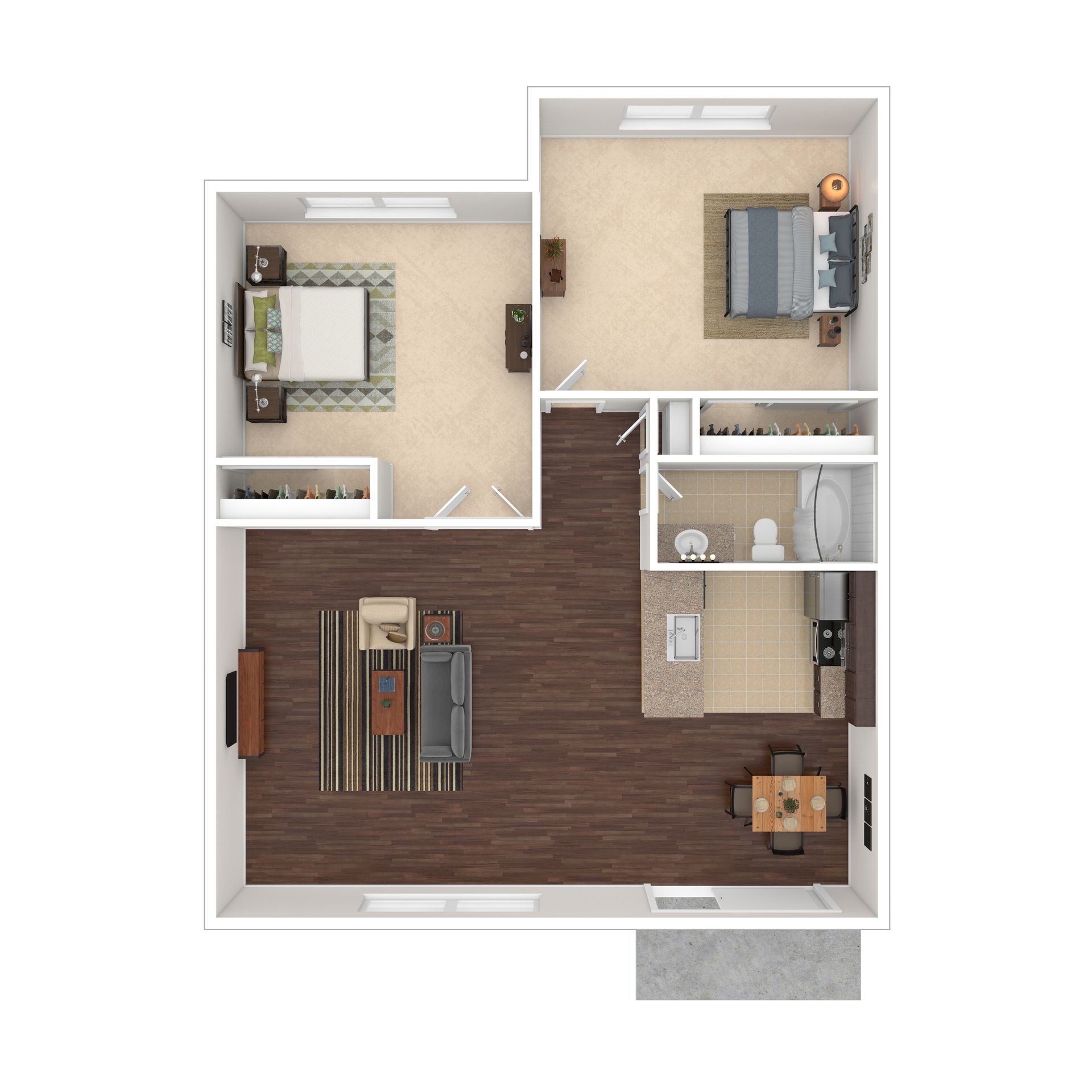 Floor plan of a two-bedroom apartment, featuring a living room, kitchen, and bathrooms, in neutral colors.
