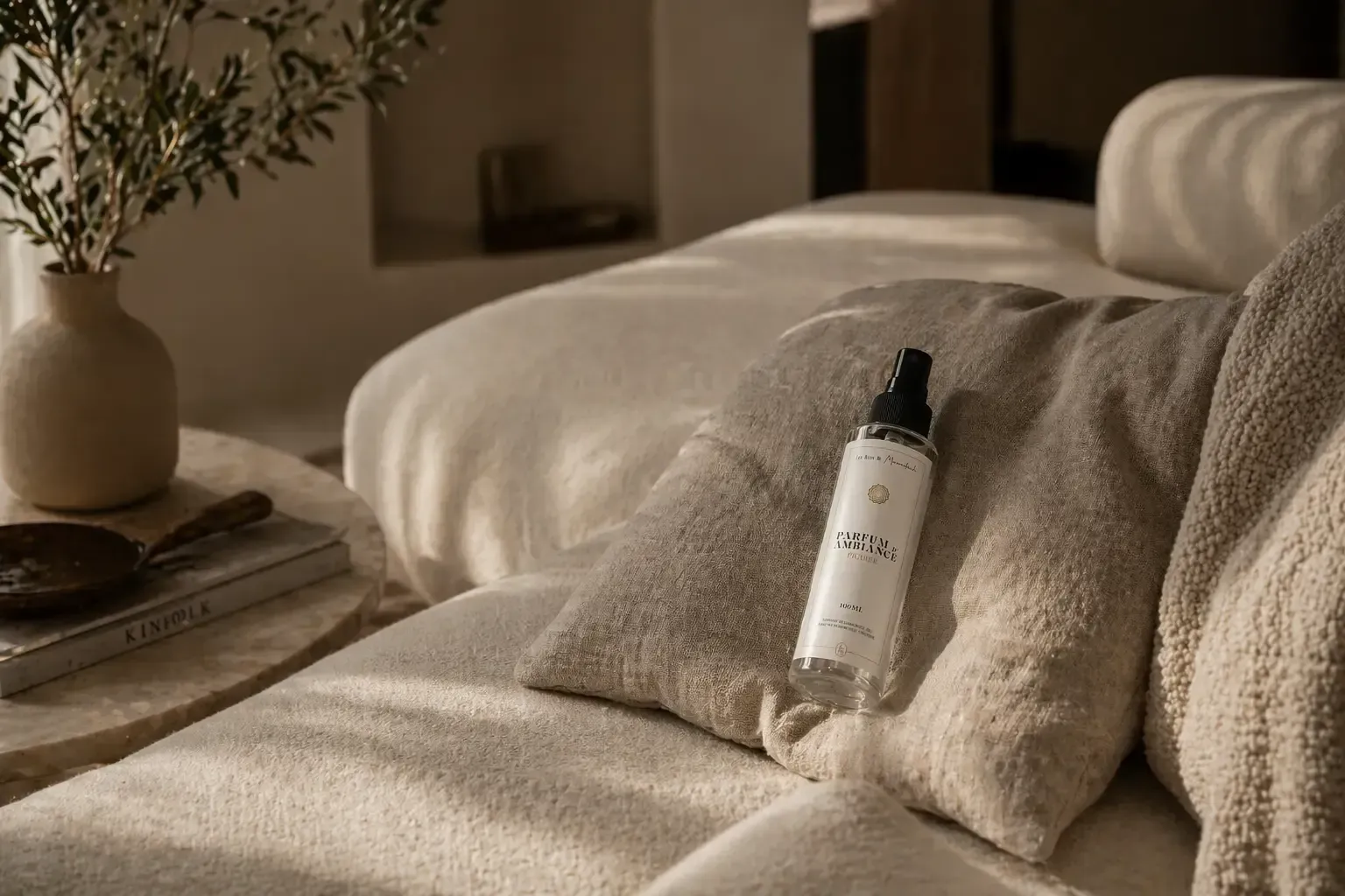 Four amber bottles on a woven mat beside towels and candles in a warm spa setting