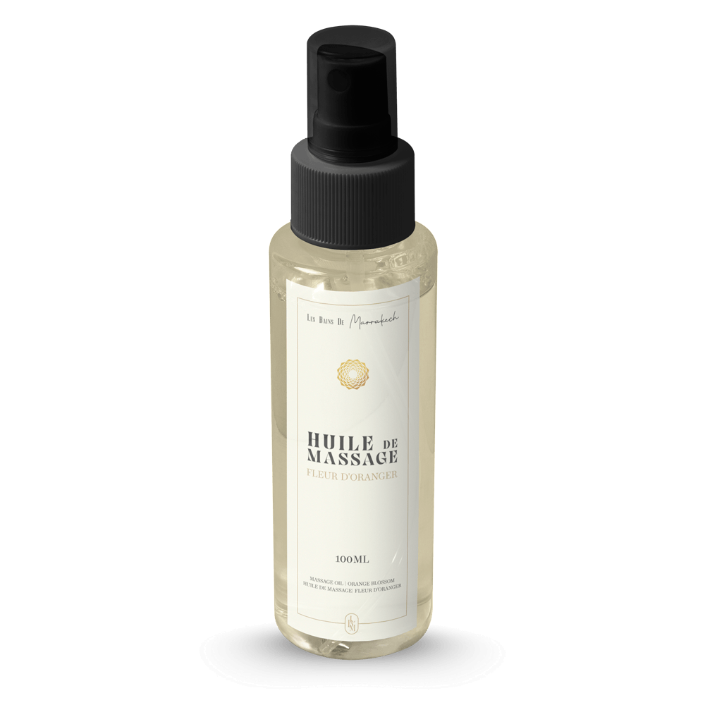 Huile de massage Fleur d’Oranger, nourrissante et parfumée, idéale pour adoucir la peau et prolonger l’expérience spa.