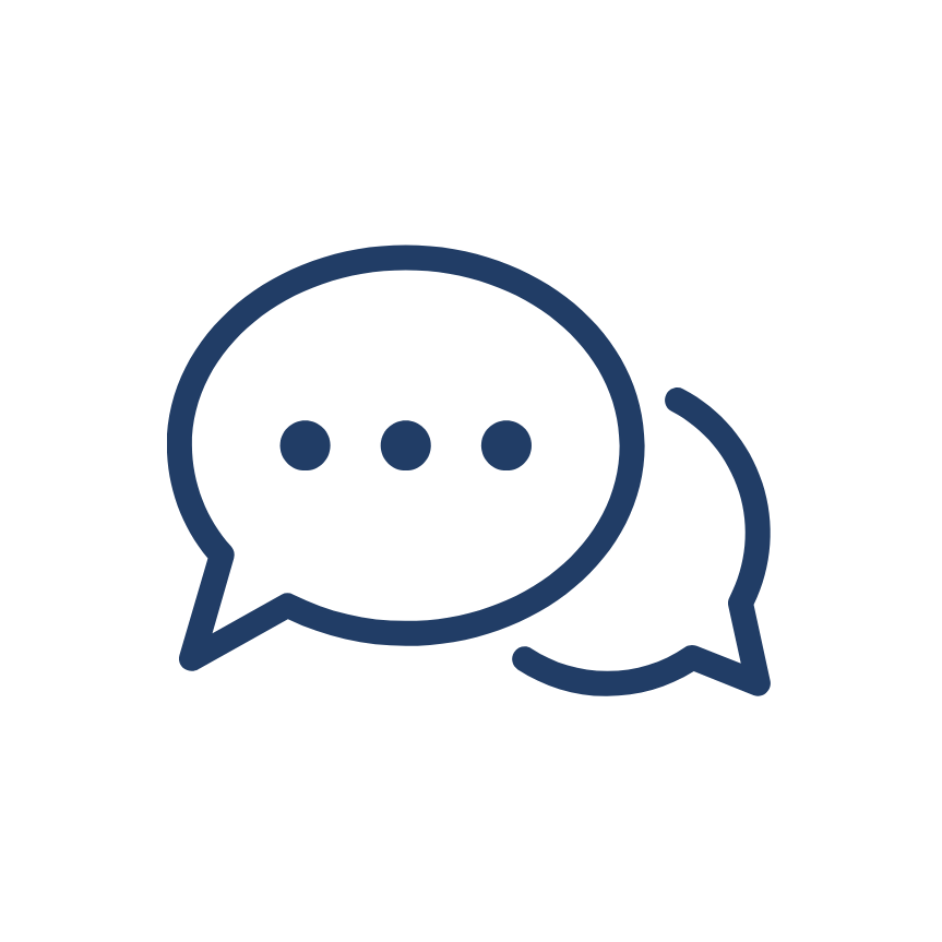 A blue speech bubble with three dots on it on a white background.