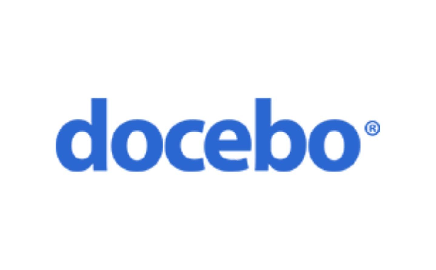 A blue and white logo for docebo on a white background.