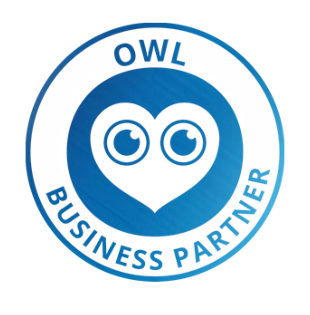 An owl business partner logo with a heart in the center