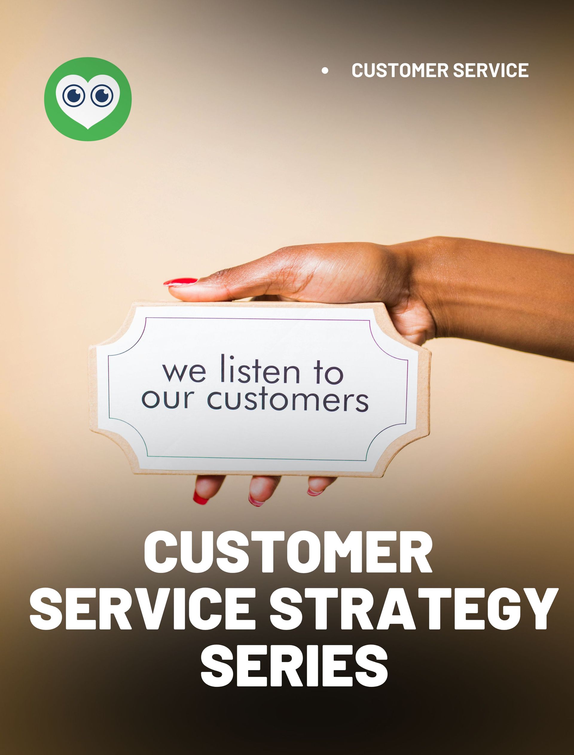 A hand is holding a sign that says `` we listen to our customers ''.