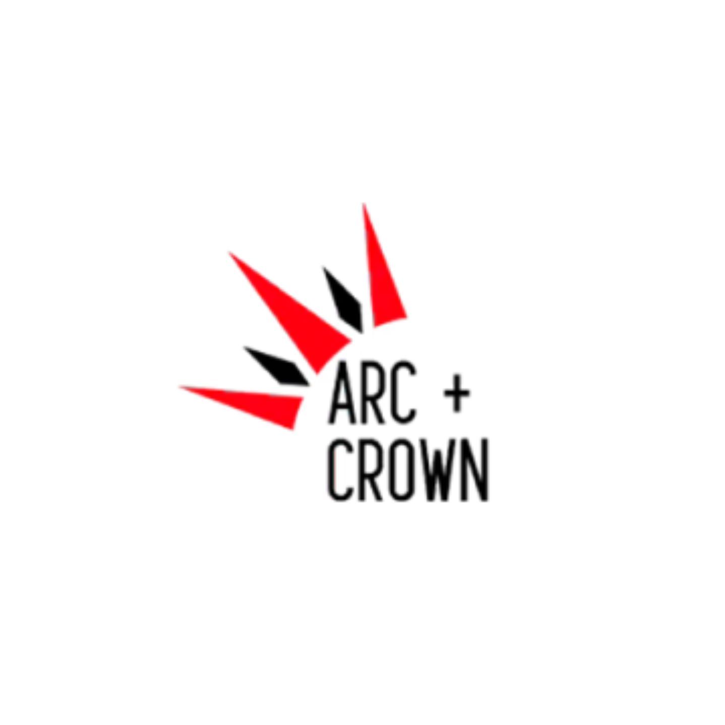 A red and black logo for arc + crown