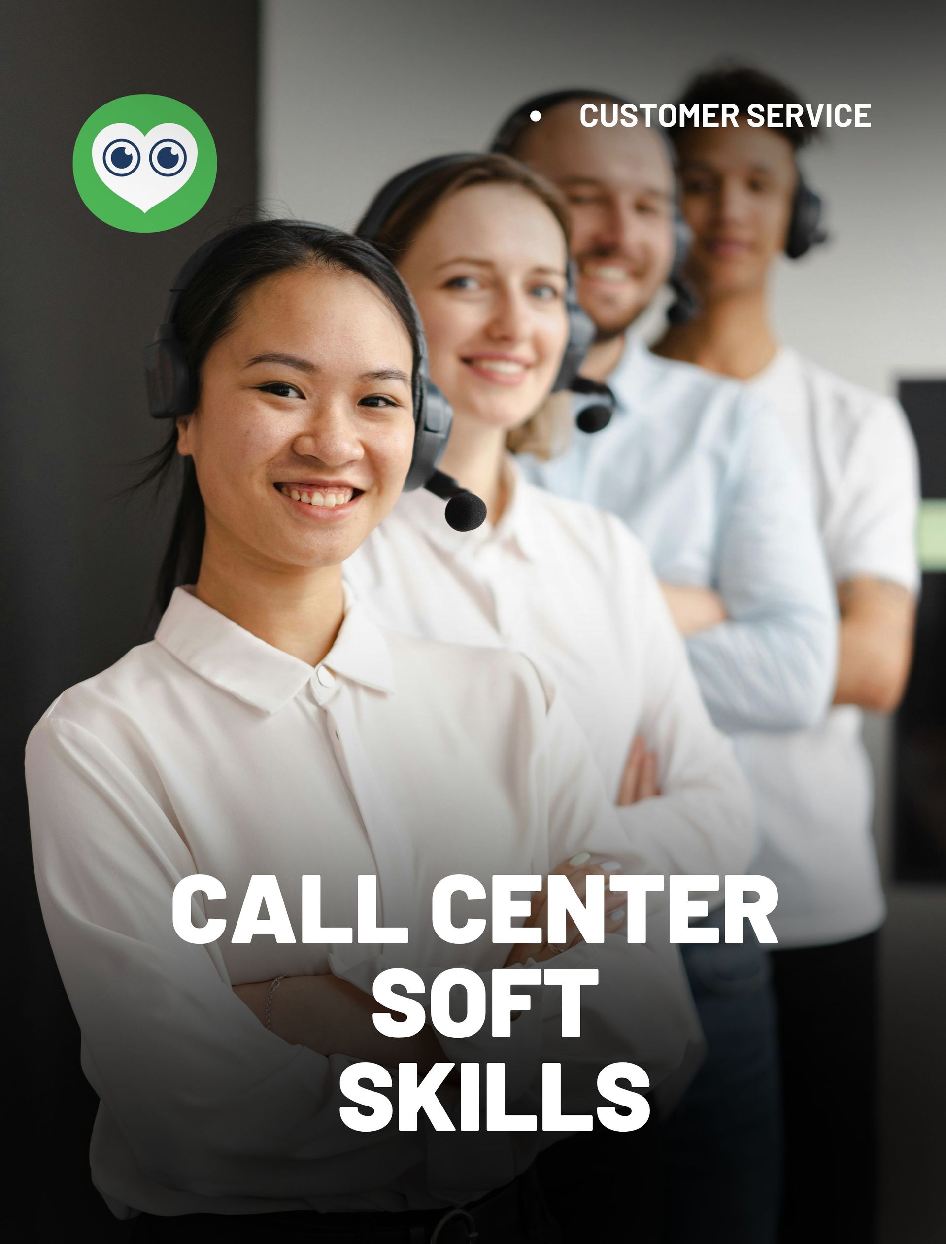 A group of call center workers are standing in a row with their arms crossed.