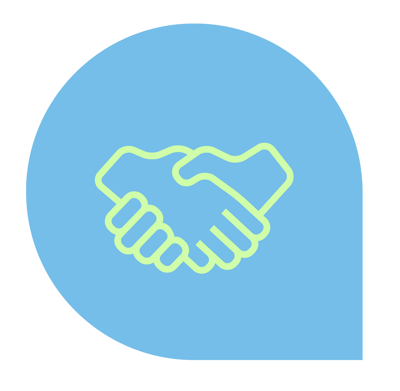 A handshake icon in a blue circle on a white background.