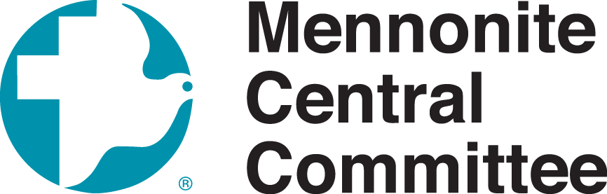 The logo for the mennonite central committee is a blue circle with a cross in the middle.