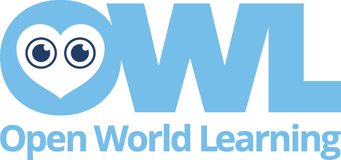 The logo for open world learning is blue with a heart and eyes.