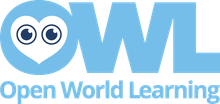 The logo for open world learning is blue with a heart and eyes.