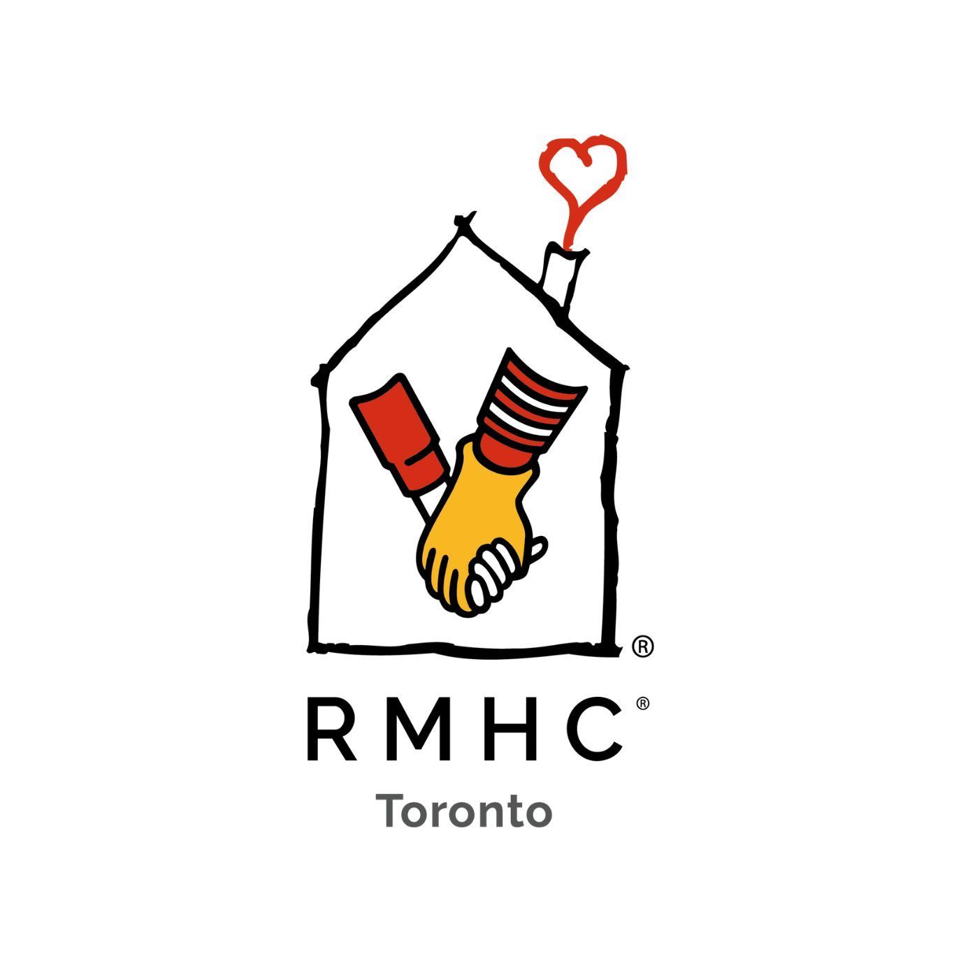 A logo for rmhc toronto with a house and two hands holding hands.