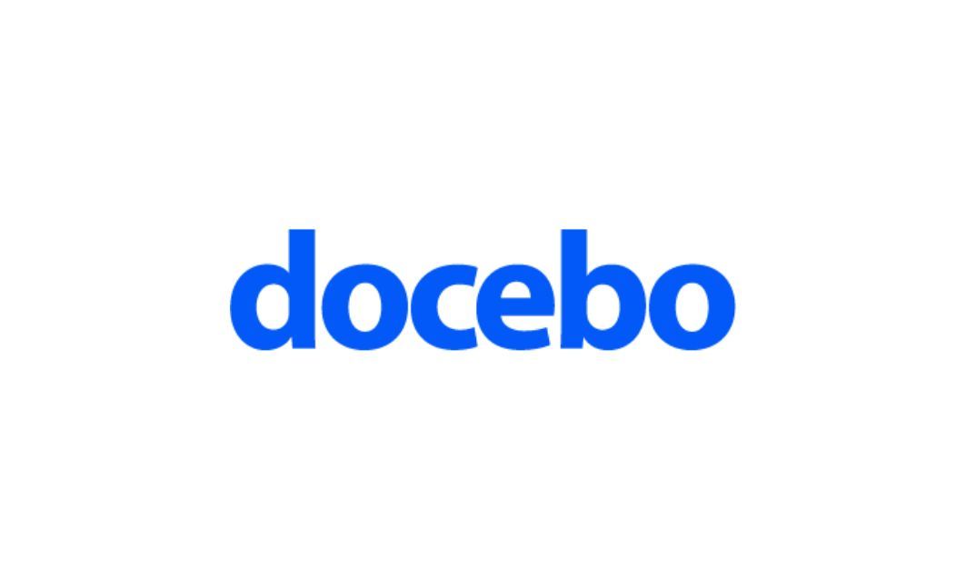 The logo for docebo is blue and white on a white background.