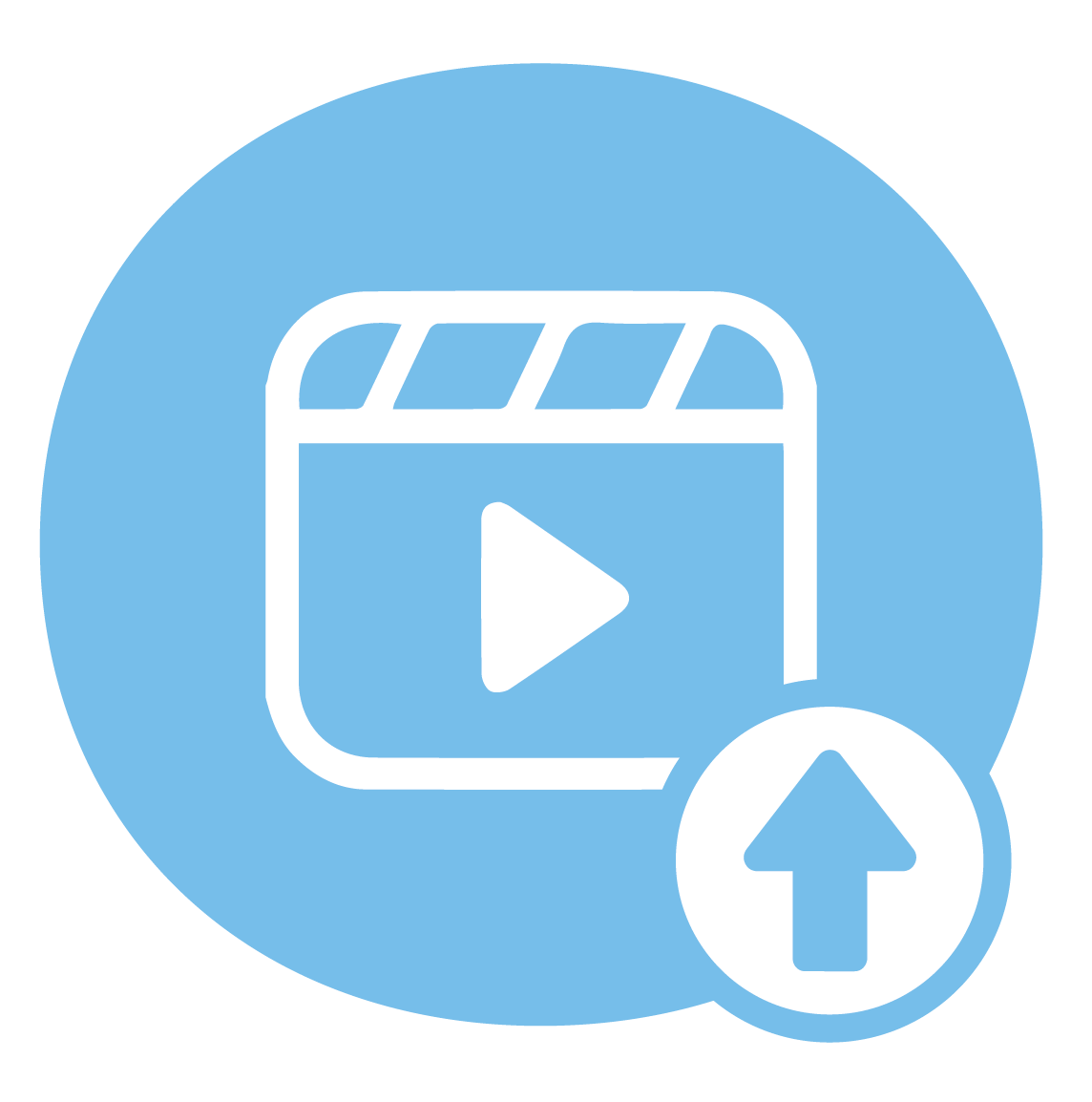 An icon of a video player with an arrow pointing up.