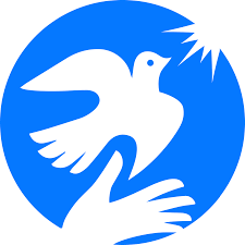 A blue circle with a white bird in it