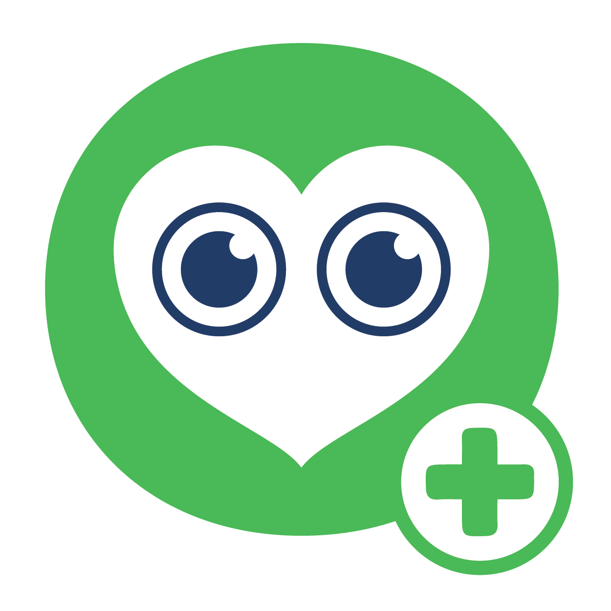 A heart with eyes and a plus sign in a green circle.