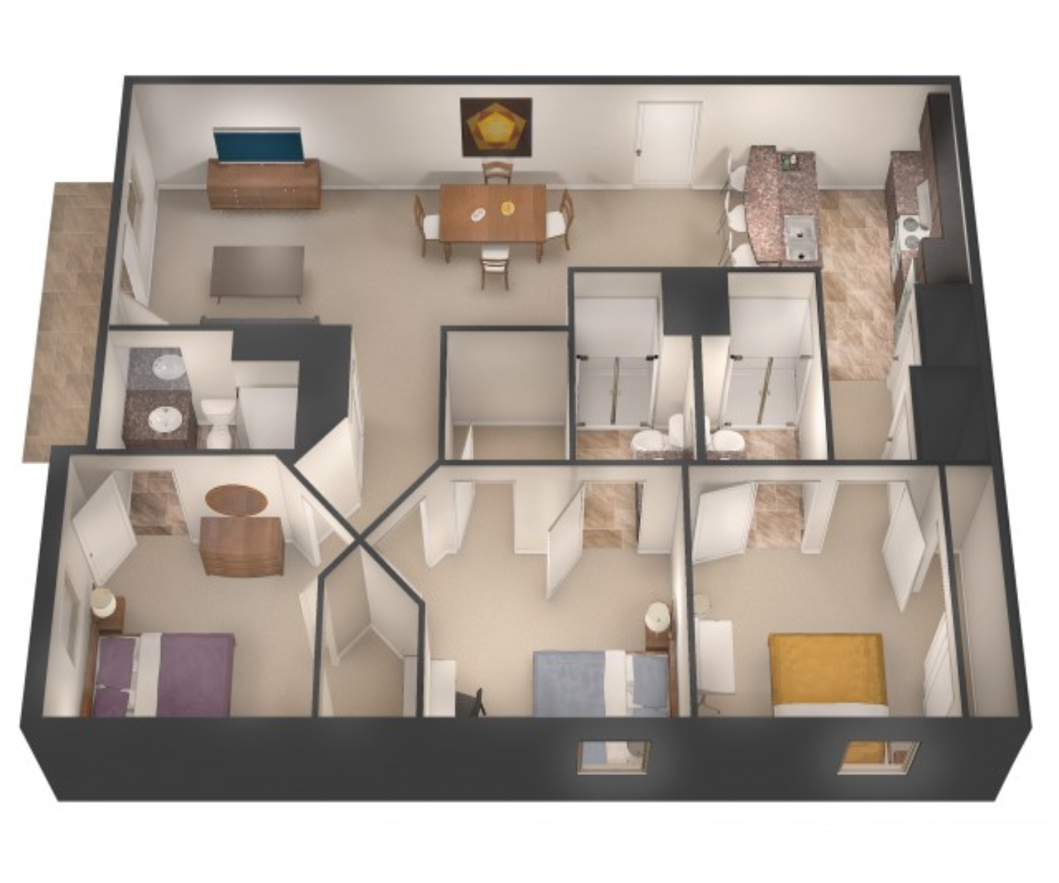 3D floor plan of a furnished apartment with bedrooms, bathroom, living area, dining room, and kitchen