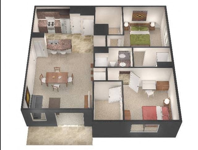 3D floor plan of a small apartment with kitchen, dining area, bedroom, bathroom, and living room